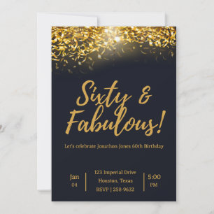 Invitation Elégant Confetti Or sur Noir   60e anniversaire