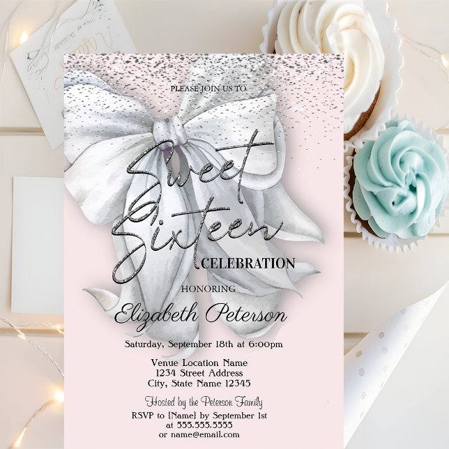 Invitation Elegant Confetti White Bow Pink Sweet 16 (Créateur téléchargé)