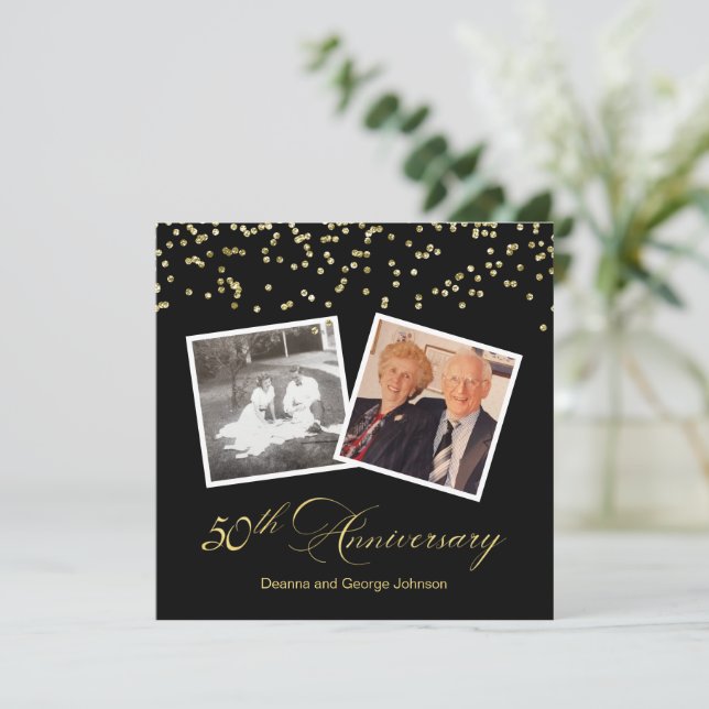 Invitation Élégant Confettis Noirs 50e Anniversaire de Mariag (Debout devant)
