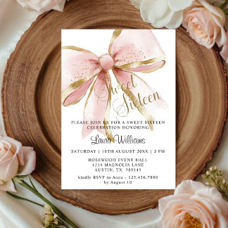 Invitation Elegant Coquette Pink & Gold Bow Sweet Sixteen