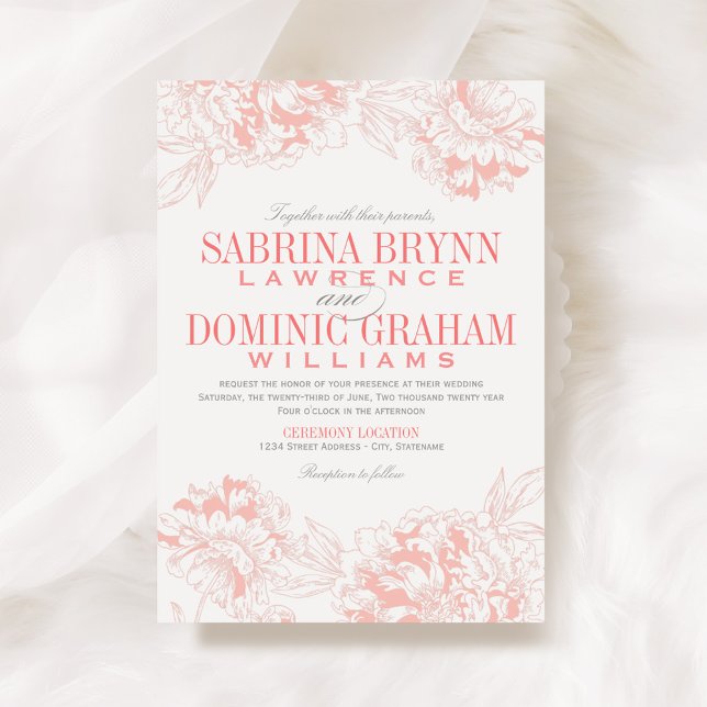 Invitation Élégant corail et gris Mariage de pivoine florale (Créateur téléchargé)