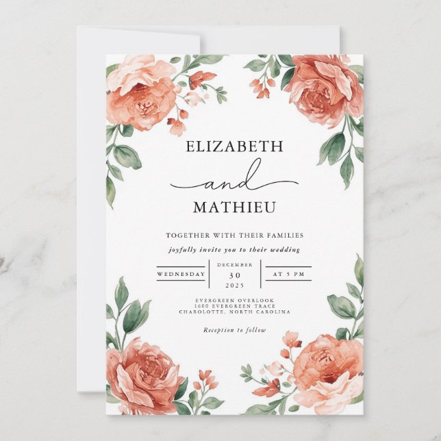 Invitation Elégant Corail et jardin fleuri vert Mariage (Devant)