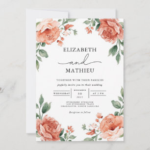 Invitation Elégant Corail et jardin fleuri vert Mariage
