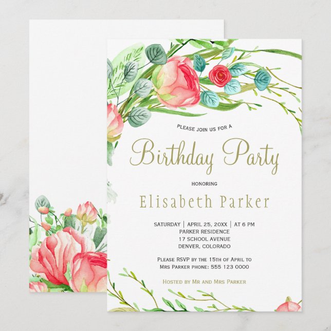 Invitation Elégant corail jardin turquoise roses fête d'anniv (Devant / Derrière)