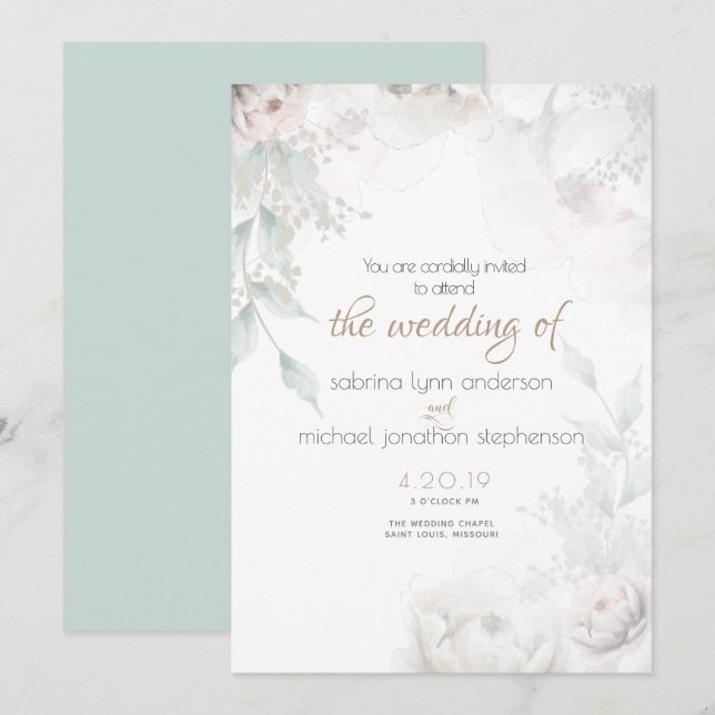 Invitation Élégant Corail Pale Blush Et Peonies Blanches (Devant / Derrière)