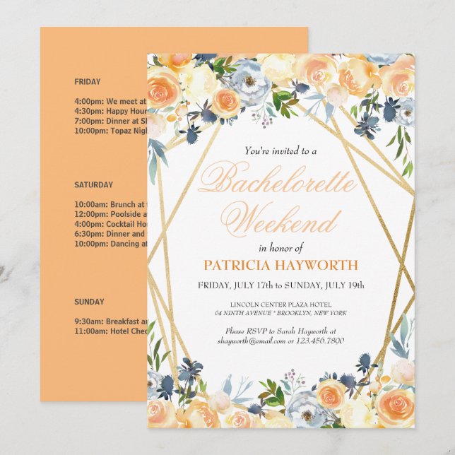 Invitation Elégant Coral Floral Bachelorette Week-end (Devant / Derrière)