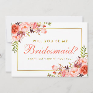 Invitation Elégant Coral Floral Gold Be My Bridesmaid