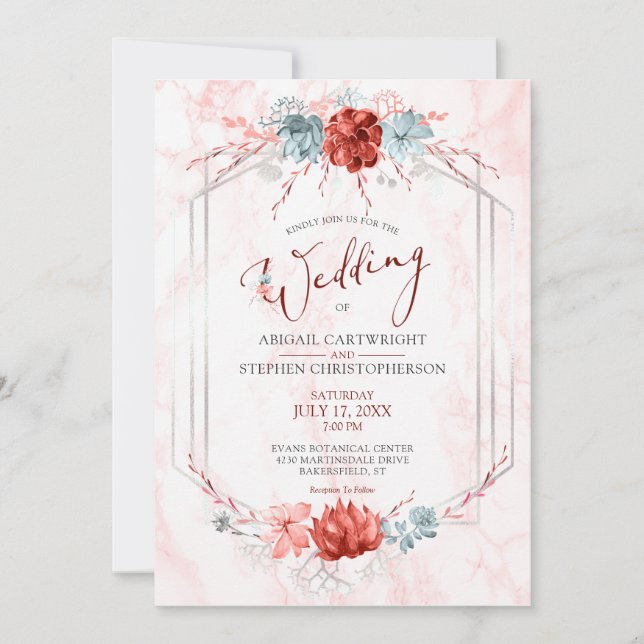 Invitation Élégant Coral Floral Mariage géométrique de marbre (Devant)