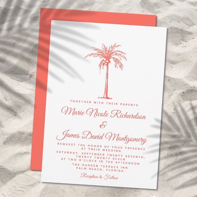 Invitation Elégant Coral Palm Tree Plage Formelle Mariage (Créateur téléchargé)