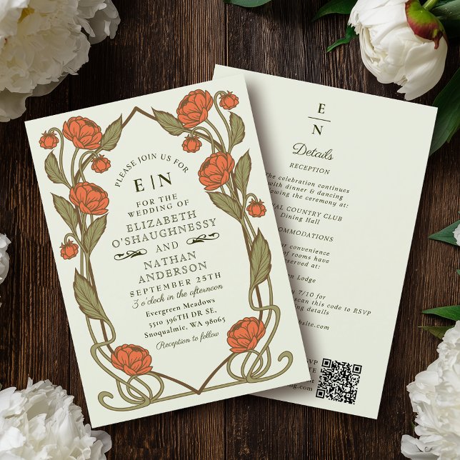 Invitation Elegant Coral Peony Art Nouveau QR Code Wedding (Créateur téléchargé)