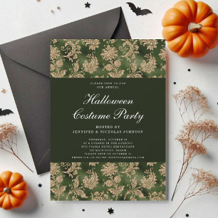 Invitation Élégant costume d'Halloween gothique vert Damas