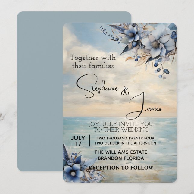 Invitation Elégant coucher de soleil subtil et Mariage floral (Devant / Derrière)