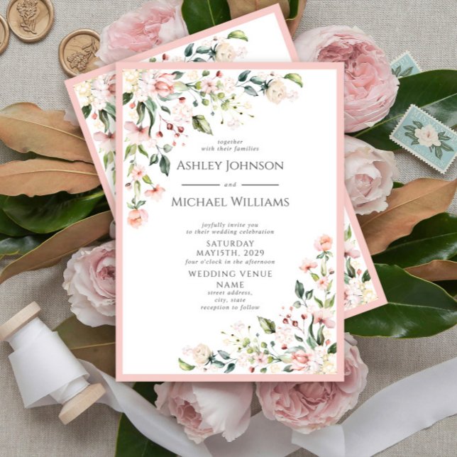 Invitation Elégant couleur rose pâle Mariage floral (Créateur téléchargé)