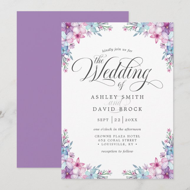 Invitation Elégant couleur violet Mariage floral (Devant / Derrière)