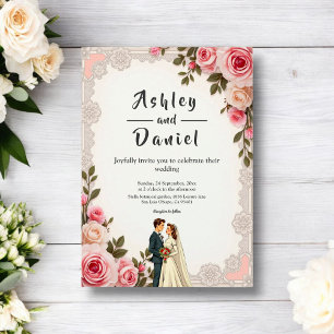 Invitation Élégant Couple rose pâle Mariage Floral été