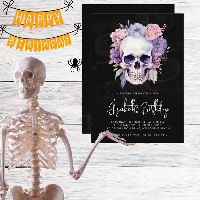 Invitation Elégant crâne et floral gothique Halloween Anniver (Créateur téléchargé)