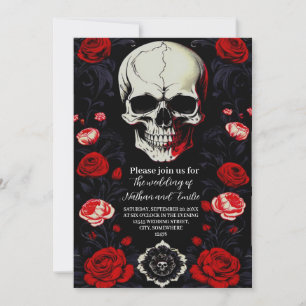 Invitation Elégant Crâne gothique fleurs rouges invitatiatiat