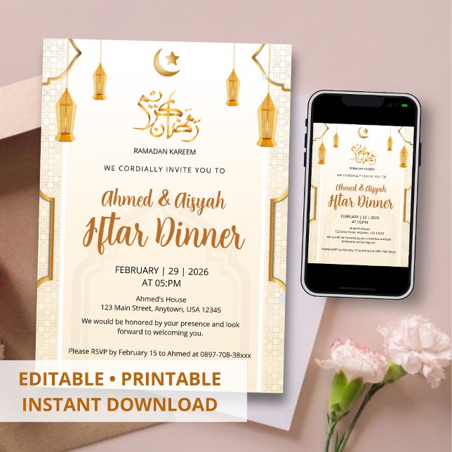 Invitation Elegant Cream and Gold Islamic Pattern Iftar (Créateur téléchargé)
