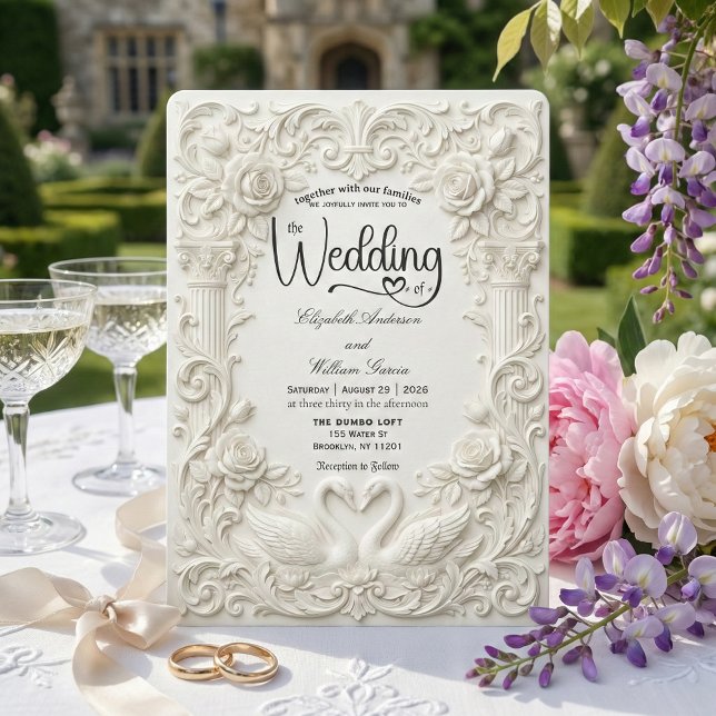 Invitation Elegant Cream Faux Sculpted Swans Wedding   (Créateur téléchargé)