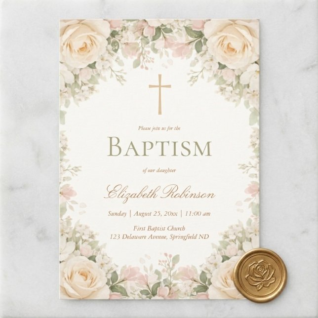 Invitation Elegant Cream Rose Floral Cross Baptism (Créateur téléchargé)