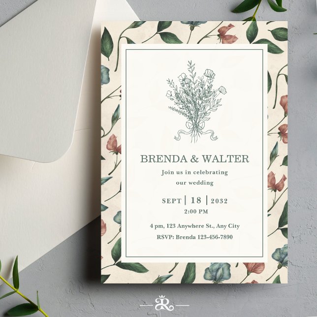 Invitation Elegant Cream Rustic Wildflower Sketch Wedding  (Créateur téléchargé)
