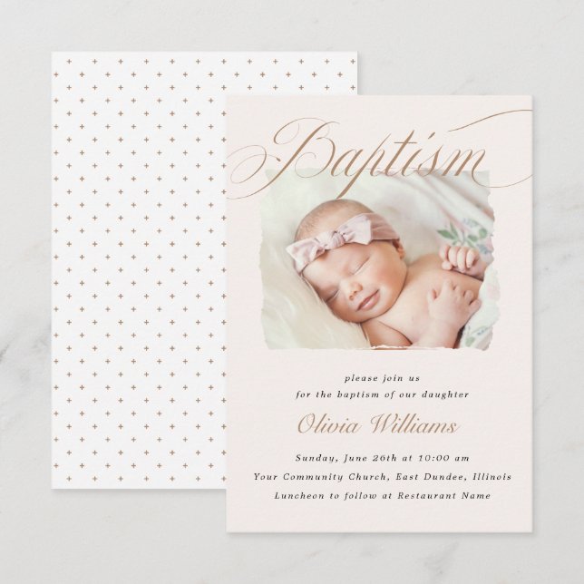 Invitation Élégant crème Dusty pétoncles Christening Baptême (Devant / Derrière)