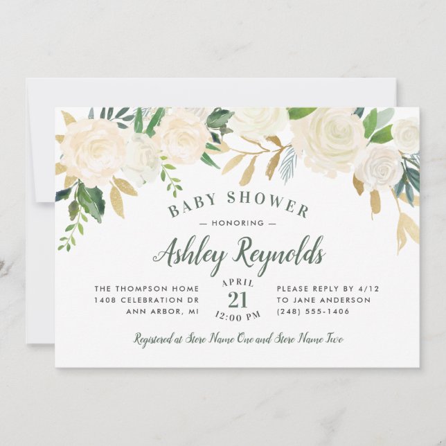 Invitation Elégant Crème Or Floral Baby shower de verdure (Devant)