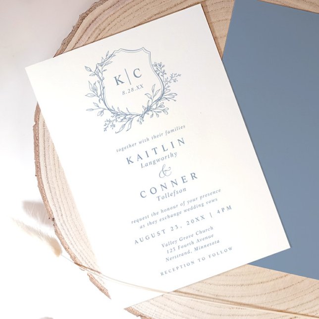 Invitation Elegant Crest Dusty Blue Classic Formal Wedding (Elegant dusty blue wedding invitation with vintage crest, monogram, and botanical details)
