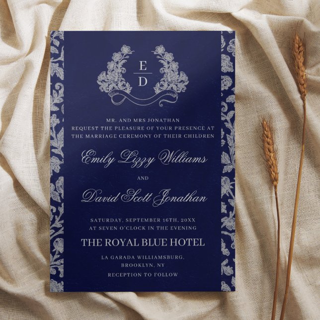 Invitation Elegant Crest Monogram Navy Heritage Wedding (Créateur téléchargé)