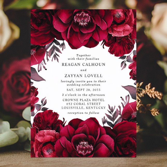Invitation Élégant Crimson profond Rouge Floral Mariage roman (Créateur téléchargé)