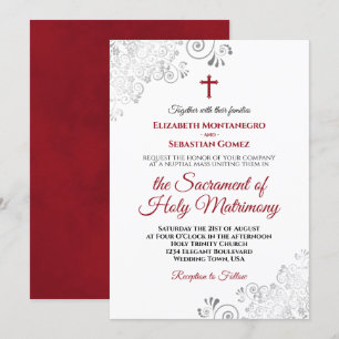 Invitation Élégant Crimson rouge et gris Mariage catholique m