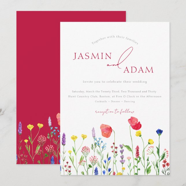 Invitation Élégant Crimson rouge Fleur sauvage Mariage (Devant / Derrière)
