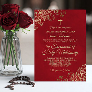 Invitation Élégant Crimson Rouge & Or Mariage catholique mode