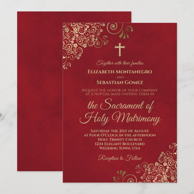 Invitation Élégant Crimson Rouge & Or Mariage catholique mode (Devant / Derrière)