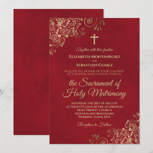 Invitation Élégant Crimson Rouge & Or Mariage catholique mode
