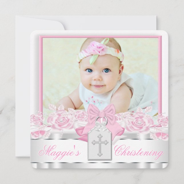 Invitation Elégant croix blanche rose Christening photo (Devant)