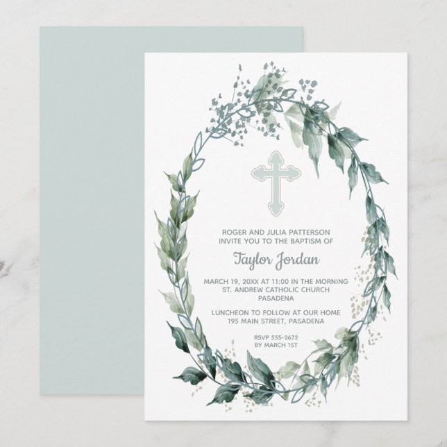 Invitation Elégant Croix Bleue Vert Baptême (Devant / Derrière)