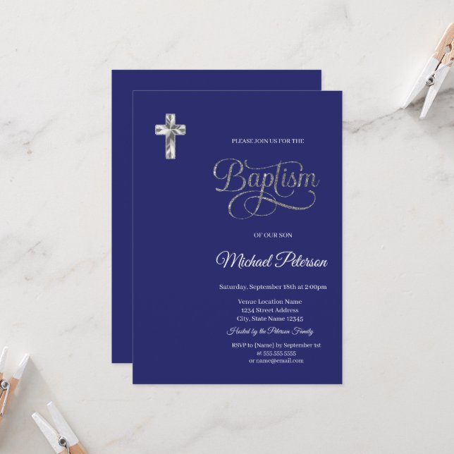 Invitation Elégant croix d'argent Baptême Marine Bleu (Devant/Arrière en situation)