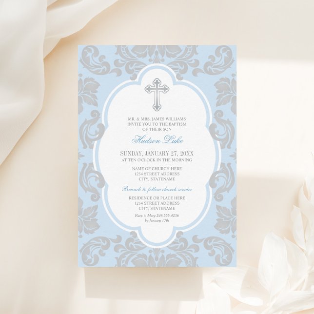 Invitation Elégant croix d'argent bleu Damask Baby Boy Baptis (Créateur téléchargé)