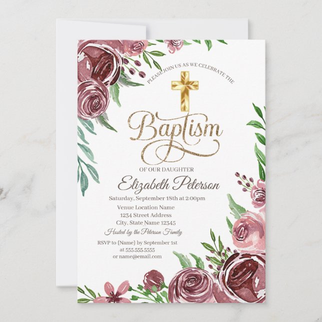Invitation Élégant Croix d'or Baptême Rose de Bourgogne (Devant)