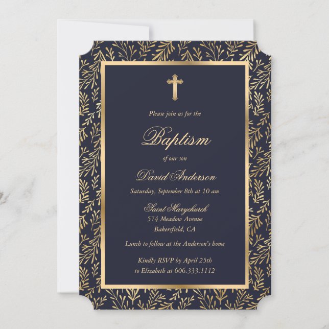 Invitation Elégant Croix d'or bleu vert Boy Baptism (Devant)