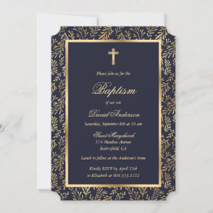 Invitation Elégant Croix d'or bleu vert Boy Baptism