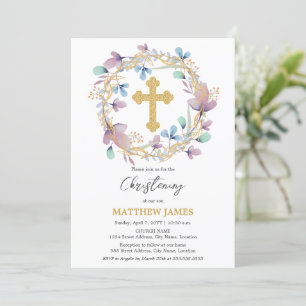 Invitation Elégant Croix d'or Christening Floral