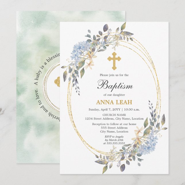 Invitation Élégant croix d'or floral Baptême (Devant / Derrière)