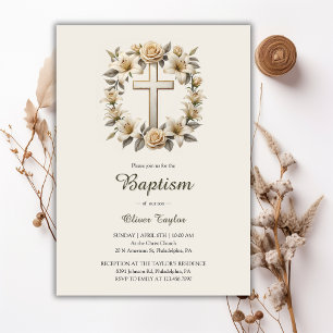 Invitation Élégant croix florale Genre Baptême neutre