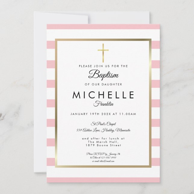 Invitation Elégant Croix Or rose Baptême Baptême Baptême Bapt (Devant)