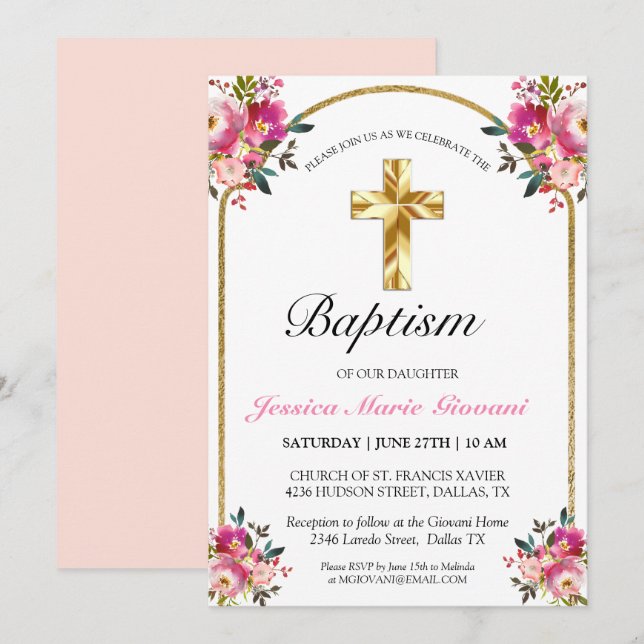 Invitation Elégant Croix Or rose Floral Girl Baptism (Devant / Derrière)