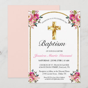 Invitation Elégant Croix Or rose Floral Girl Baptism