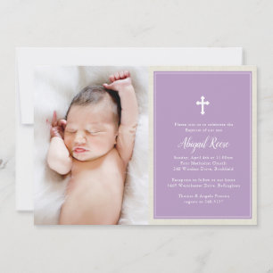 Invitation Elégant Croix violet photo Baptême Christening