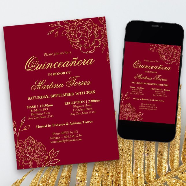 Invitation Elégant croquis or Bourgogne Quinceanera Floral (Red and Gold Quinceanera Invitation with church ceremony, from my Gold Sketched Floral collection
)
